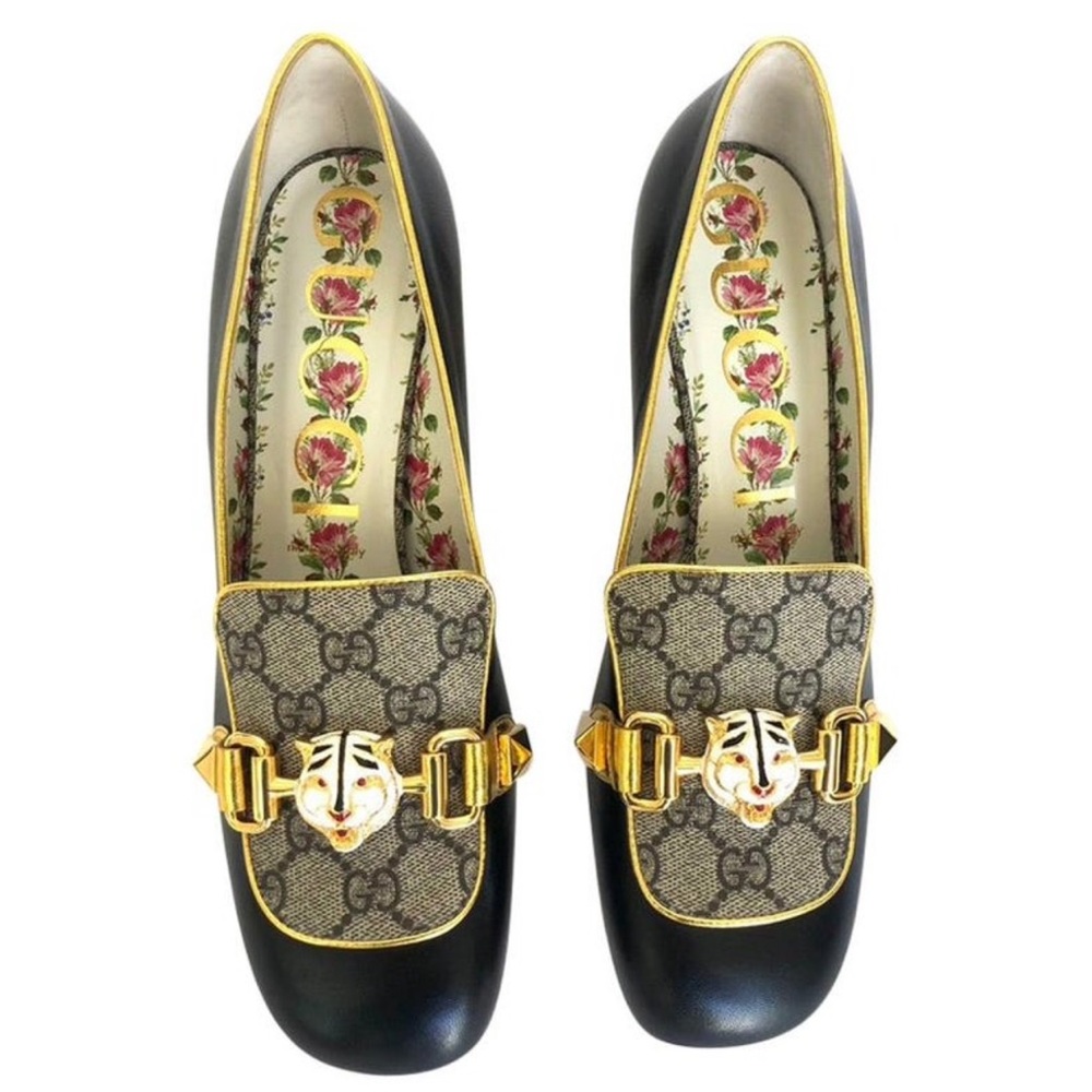 Gucci with Leather GG Supreme Embellished Mid-Heel Loafer Pump (Size 40)